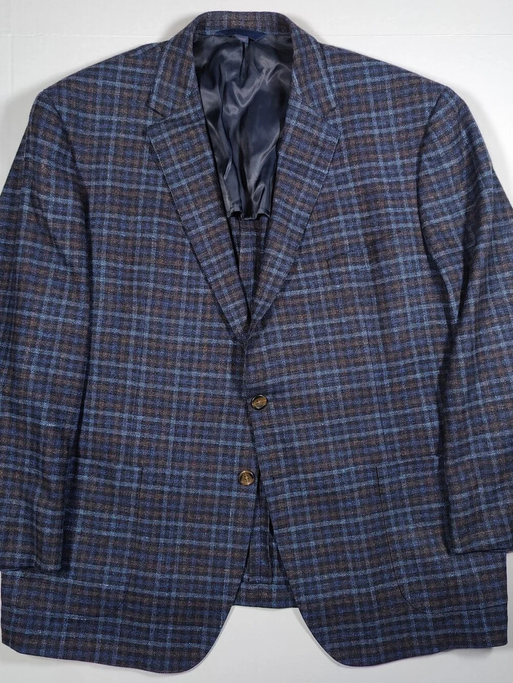 Max Davoli Baroni Super 150s Drago Wool Silk Navy Brown Plaid Blazer Size 52R